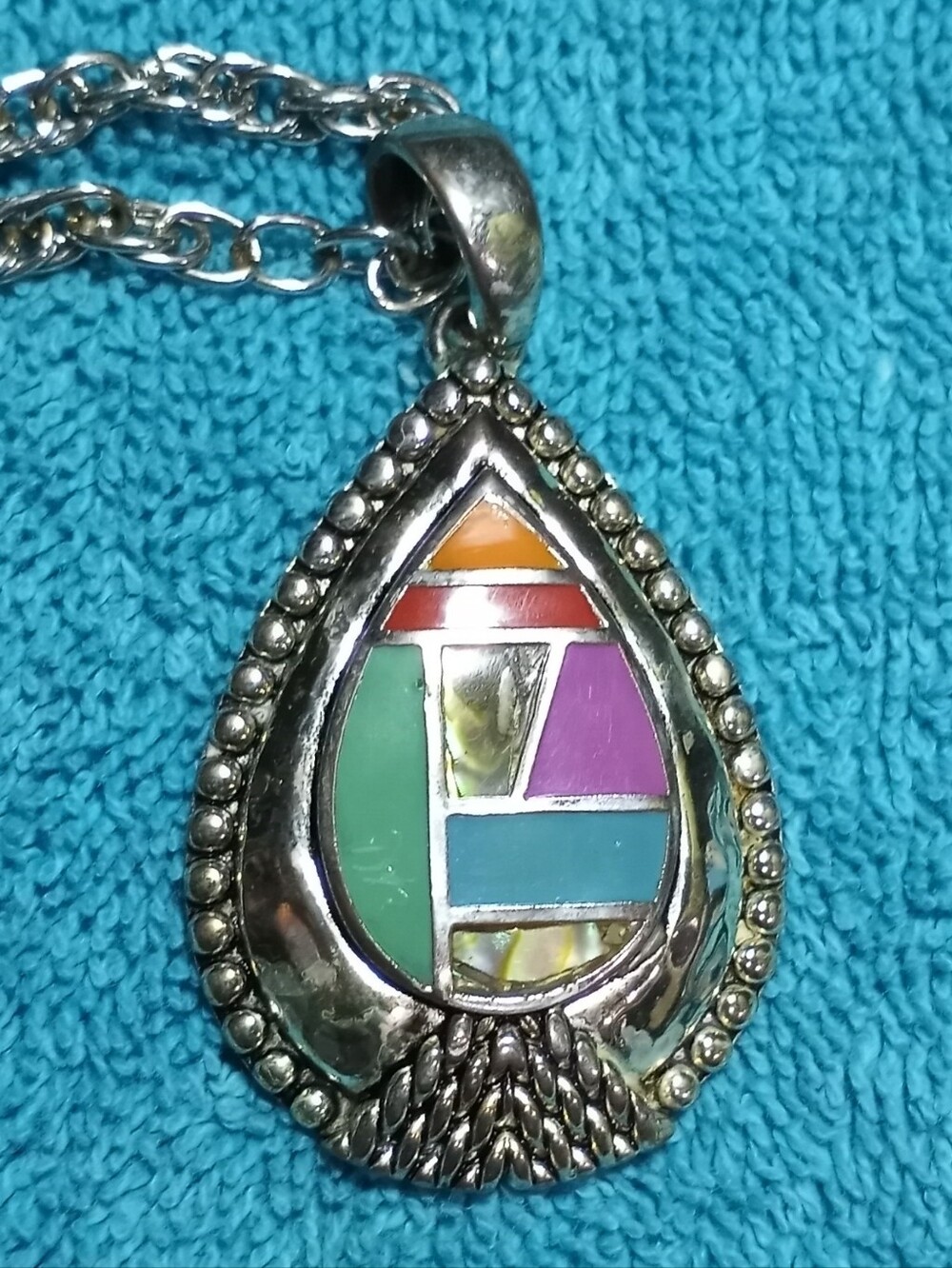 Multicolor Teardrop Inlay Pendant Necklace - Abalone - Enamel
